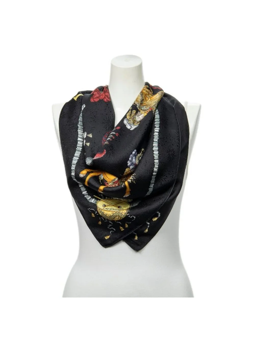 Hermes Scarf Black Red Gold 100% Jacquard Silk